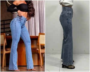Détail du jean évasé taille haute avec boutons en bleu clair et gris fumé moderne