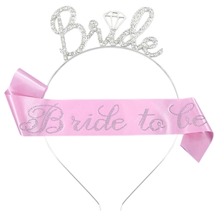 Silver crystal Bride headband with pink Bride to Be satin sash for bachelorette party