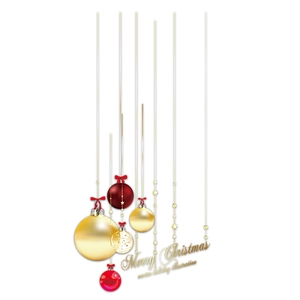 Christmas window stickers with red and gold decorative balls and Merry Christmas lettering