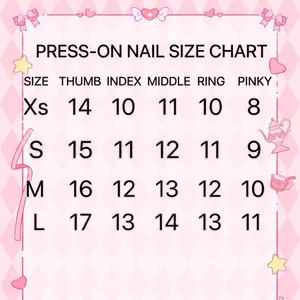 Size chart for nude press-on nails with measurements for XS, S, M, and L in a pink theme