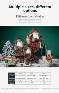 Size chart for fabric Santa Claus figures showing 30cm, 45cm, and 60cm height dimensions