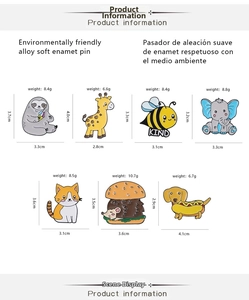 Detailed size chart of cute enamel pins featuring sloth, elephant, and hedgehog badges