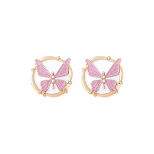 Minimalist gold butterfly stud earrings with pink enamel wings and pearl detail