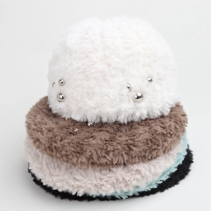 Women Faux Rabbit Fur Beret Hat Studded Metal Beads Thick Warm Winter Painter Cap Korean Style Elegant Plush