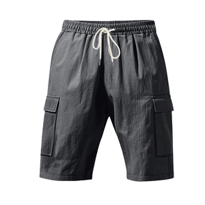 Mens dark grey multi-pocket cargo shorts with drawstring waist in a relaxed linen style