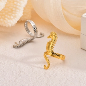 Classic 18k gold and silver stainless steel seahorse open rings with lifelike texture