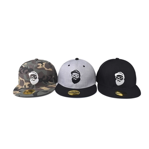 Flat brim snapback hats with camo and solid colors featuring cartoon beard embroidery