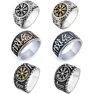 Viking Compass Ring Stainless Steel Nordic Mythology Vegvisir Valknut Rune Vintage Punk Jewelry For Men