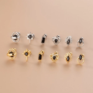 12er-Set schwarze Zirkon-Ohrstecker in Gold und Silber mit Schraubverschluss