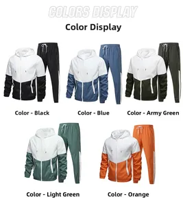 Color display of men's two-piece tracksuit sets in black blue green and orange