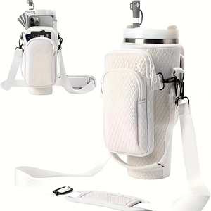 White quilted sleeve for 40oz tumbler with adjustable strap and zipper pocket