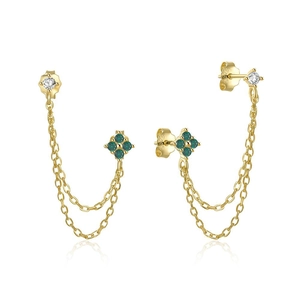 Detail of S925 sterling silver stamp on gold tassel earrings with zircon and emerald stones