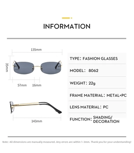 Detailed size specifications for frameless sunglasses with oval grey lenses and gold temples
