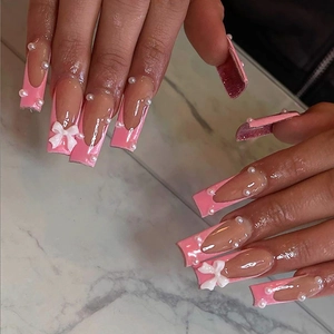 Press On Nails Long Coffin Pink French Tip With Bow And Artificial Pearl Decorative ABS Plastic Sweet Style For Women