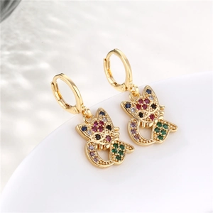 Rainbow crystal cat drop earrings with colorful zircon stones in gold plated finish