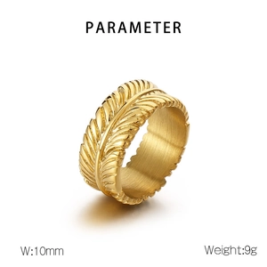 Detailed view of 10mm gold stainless steel feather ring with weight and width specs