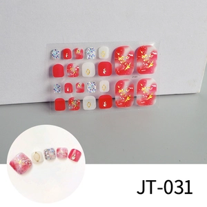 Detailed sheet of JT-031 3D gold foil toe nail stickers with red and white rhinestone accents