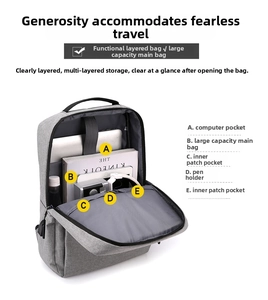 Detail view of the gray business backpack showing multi-layer laptop storage structure