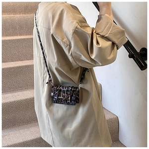 Detail of leopard print crossbody bag with black chain strap and decorative buckles