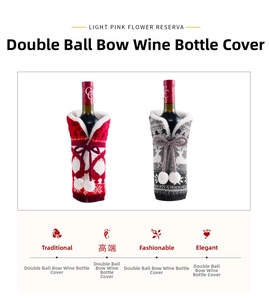 Detail of red and grey knitted wine bottle covers with white fur trim and plush pom-poms