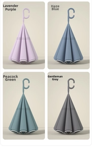 Inverted umbrellas in purple blue green and gray colors with C-shaped handles and vents