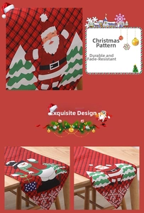 Detailansicht des rot-schwarzen Tischläufers mit Weihnachtsmann und Schneemann-Motiv