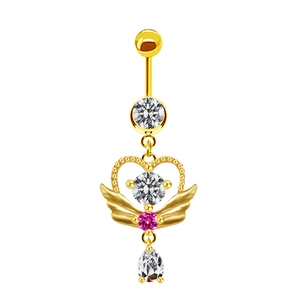 Close-up of golden heart belly ring with wings and pink crystal drop pendant
