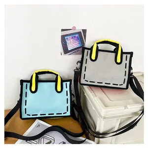 Detail of 2D cartoon style canvas tote bags with bold black edges and yellow handles