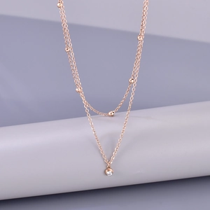 Elegant 18K rose gold stainless steel double layer necklace with beads and a single zircon