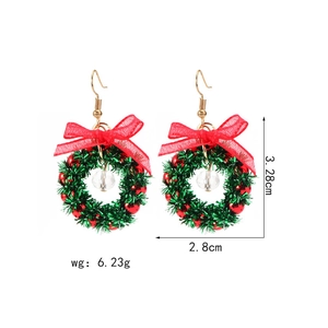Detailed size view of Christmas wreath earrings with bow and beads showing dimensions