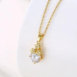 Flower Zircon Pendant Necklace Stainless Steel Vacuum Gold Plated Minimalist French Style Clavicle Chain Jewelry For Women