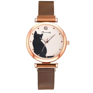 Detailed close-up of rose gold mesh strap watch with black cat silhouette on the dial