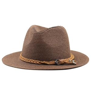 Dark brown straw fedora with decorative rope and metal buckle for summer sun protection