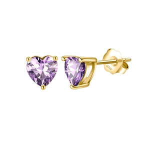 Macro shot of S925 silver stamp on gold heart earrings with purple cubic zirconia
