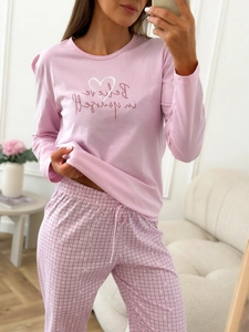 Pink lounge set with 'Believe in yourself' print and plaid pajama pants for women