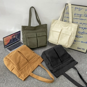 Vintage canvas tote bag with multi-pockets in olive, cream, yellow and black colors