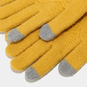 Three-piece winter knitted hat scarf gloves set with ginger yellow contrast finger design