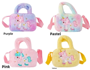 Grid view of soft plush unicorn crossbody bags for girls in four different pastel colors