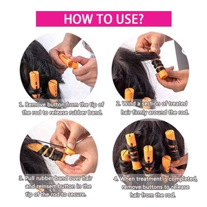 Step-by-step tutorial for using orange plastic hair perm rods with rubber bands