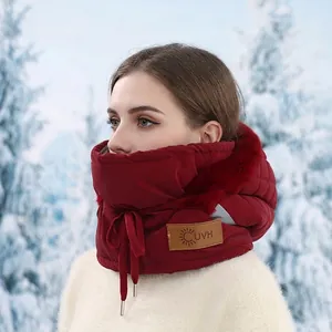 Winter thermal hooded scarf hat with red quilted fabric and faux fur trim for skiing
