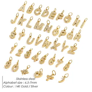 Gold plated stainless steel letter and number charms with white zircon inlay for DIY jewelry