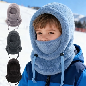 Warm winter balaclava hood for kids featuring thick fleece material and adjustable drawstrings