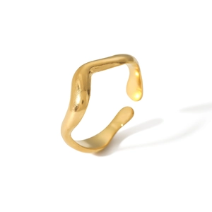 Minimalist gold plated stainless steel wave open ring with a polished finish