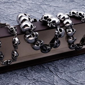 Gothic punk style silver skull bracelet in polished stainless steel for men