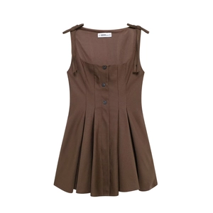 Plaid Mini Dress Sleeveless Square Neck Tie Shoulder Bow Woven Polyester A-Line Pleated Button Front Retro Coffee Women