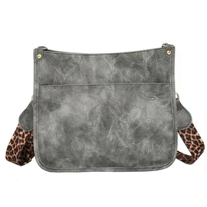 Retro grey leather tote bag with stylish leopard print strap and rivet accents