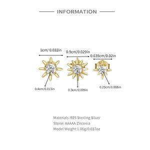 Detailed size specifications for S925 silver star stud earrings set with AAAAA zircon stones
