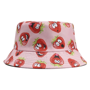 Pink cotton bucket hat featuring cartoon strawberry prints for outdoor sun protection