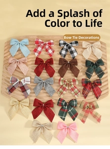 Detail of Christmas plaid linen bows in various colors on a natural wooden tray
