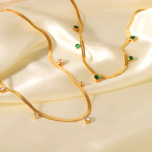 18K gold plated stainless steel snake chain necklace with green and white round zircons